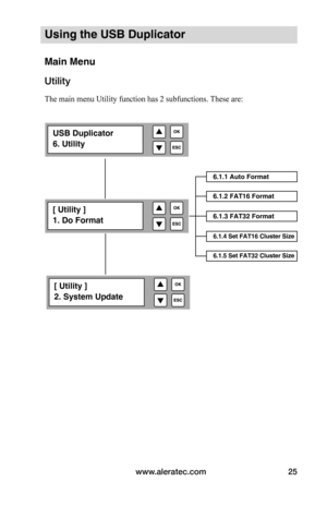 Page 31www.aleratec.com25
Using the USB Duplicator
Main Menu
Utility
The main menu Utility function has 2 subfunctions. These are:
6.1.1 Auto Format
6.1.2 FAT16 Format
6.1.3 FAT32 Format
6.1.4 Set FAT16 Cluster Size
6.1.5 Set FAT32 Cluster Size
USB Duplicator
6. Utility
[ Utility ]
1. Do Format
[ Utility ]
2. System Update  