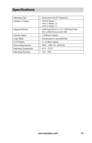 Page 47www.aleratec.com41
Specifications
Operating Type• Stand-alone (No PC Required)
Number of Targets • 330120 Model: 7
•  330121 Model: 23
•  330122 Model: 31
Supported Media • USB Flash Drives or 2.5” USB Hard Disk 
Drives/SSD Drives with USB
Transfer Speed • 1.5GB/min Typical
Copy Mode • Synchronous or Asynchronous
LCD Display • 2 x 16 Back-lighted
Power Requirements • 100V - 240V AC, 50/60 Hz
Operating Temperature • 41°F - 122°F
Operating Humidity  • 15% - 90%  