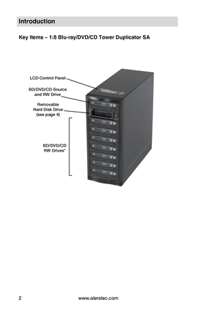 Page 8www.aleratec.com2
Introduction
Key Items – 1:8 Blu-ray/DVD/CD Tower Duplicator SA
LCD Control Panel
Removable  Hard Disk Drive(see page 4)
BD/DVD/CD Source and RW Drive
BD/DVD/CD RW Drives*        
