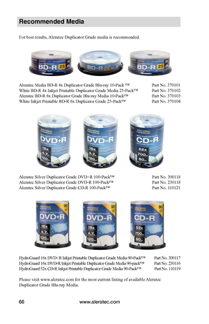 Page 72www.aleratec.com66
Recommended Media 
For best results, Aleratec Duplicator Grade media is recommended.
 
 
Aleratec Media BD-R 4x Duplicator Grade Blu-ray 10-Pack ™  Part No. 370101 
White BD-R 4x Inkjet Printable Duplicator Grade Media 25-Pack™  Part No. 370102
Aleratec BD-R 6x Duplicator Grade Blu-ray Media 10-Pack™  Part No. 370103
White Inkjet Printable BD-R 6x Duplicator Grade 25-Pack™  Part No. 370104
 
 
 
 
 
 
 
 
 
 
 
 
Aleratec Silver Duplicator Grade DVD+R 100-Pack™   Part No. 300118...