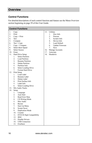 Page 22www.aleratec.com16
Overview
Control F\fnctions
For detailed descriptions of each control function and feature see the Menu Overview 
section beginning on page 59 of this User Guide. 
Control F\fnctions
1. Copy2. Print3. Copy + Print4. Test5. Compare6. Test + Copy7. Copy + Compare8. Select Burn Speed9. Select Source10. Erase11. Hard Drive Setup1. Select Partition2. Load Partition3. Rename Partition4. Delete Partition5. Partition Info6. Select Loading Drive7. Format Hard Drive12. Print Setup1. Load Label...