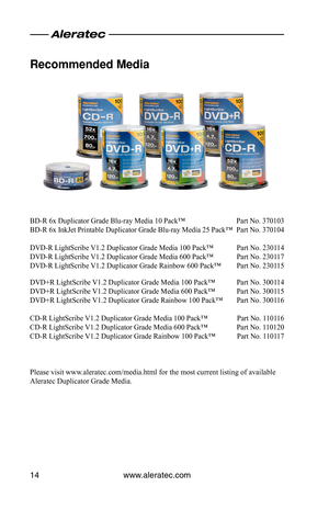 Page 16www.aleratec.com14
Recommended Media 
BD-R 6x Duplicator Grade Blu-ray Media 10 Pack™  Part No. 370103
BD-R 6x InkJet Printable Duplicator Grade Blu-ray Media 25 Pack™  Part No. 370104
DVD-R LightScribe V1.2 Duplicator Grade Media 100 Pack™   Part No. 230114
DVD-R LightScribe V1.2 Duplicator Grade Media 600 Pack™  Part No. 230117
DVD-R LightScribe V1.2 Duplicator Grade Rainbow 600 Pack™  Part No. 230115
DVD+R LightScribe V1.2 Duplicator Grade Media 100 Pack™  Part No. 300114
DVD+R LightScribe V1.2...