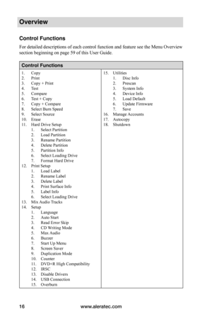 Page 22www.aleratec.com16
Overview
Control Functions
For detailed descriptions of each control function and feature see the Menu Overview 
section beginning on page 59 of this User Guide. 
Control Functions
1. Copy2. Print3. Copy + Print4. Test5. Compare6. Test + Copy7. Copy + Compare8. Select Burn Speed9. Select Source10. Erase11. Hard Drive Setup1. Select Partition2. Load Partition3. Rename Partition4. Delete Partition5. Partition Info6. Select Loading Drive7. Format Hard Drive12. Print Setup1. Load Label 2....