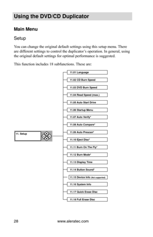 Page 34www.aleratec.com
28
Using the DVD/CD Duplicator
Main Menu
Setup
You can change the original default settings using this setup menu. There 
are different settings to control the duplicator’s operation. In general, using 
the original default settings for optimal performance is suggested.
This function includes 18 subfunctions. These are:
1 1.01 Language
11.02 CD Burn Speed
11.03 DVD Burn Speed
11.04 Read Speed (max.)
11.05  Auto Start Drive
11.06 Startup Menu
11.07  Auto V erify*
11.08  Auto Compare*...