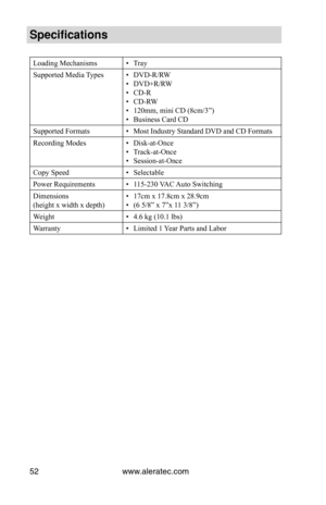 Page 58www.aleratec.com
52
Specifications
Loading Mechanisms Tray
• 
Supported Media Types DVD-R/RW
• 
DVD+R/RW
• 
CD-R
• 
CD-RW
• 
120mm, mini CD (8cm/3”)
• 
Business Card CD
• 
Supported Formats Most Industry Standard DVD and CD Formats
• 
Recording Modes Disk-at-Once
• 
Track-at-Once
• 
Session-at-Once
• 
Copy Speed Selectable
• 
Power Requirements 115-230 VAC Auto Switching
• 
Dimensions
(height x width x depth) 17cm x 17.8cm x 28.9cm
• 
(6 5/8” x 7”x 11 3/8”)
• 
Weight 4.6 kg (10.1 lbs)
• 
Warranty Limited...