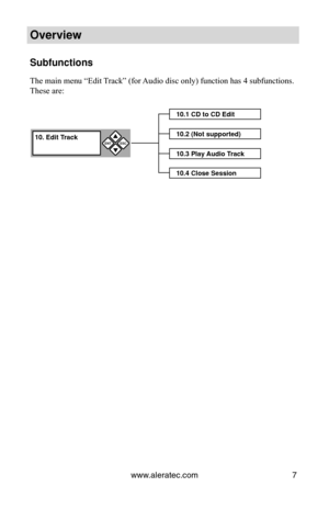 Page 13www.aleratec.com7
Overview
Subfunctions
The main menu “Edit Track” (for Audio disc only) function has 4 subfunctions. 
These are:
10.1 CD to CD Edit
10.2 (Not supported)
10.3 Play Audio Track
10.4 Close Session
10. Edit TrackENT

ESC 