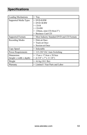 Page 59www.aleratec.com53
Specifications
Loading MechanismsTray
• 
Supported Media Types DVD-R/RW
• 
DVD+R/RW
• 
CD-R
• 
CD-RW
• 
120mm, mini CD (8cm/3”)
• 
Business Card CD
• 
Supported Formats Most Industry Standard DVD and CD Formats
• 
Recording Modes Disk-at-Once
• 
Track-at-Once
• 
Session-at-Once
• 
Copy Speed Selectable
• 
Power Requirements 115-230 VAC Auto Switching
• 
Dimensions
(height x width x depth) 17cm x 17.8cm x 28.9cm
• 
(6 5/8” x 7”x 11 3/8”)
• 
Weight 4.6 kg (10.1 lbs)
• 
Warranty Limited 1...