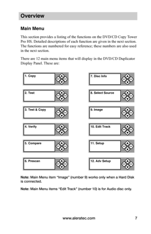 Page 13www.aleratec.com7
Overview
Main Menu
This section provides a listing of the functions on the DVD/CD Copy Tower 
Pro HS. Detailed descriptions of each function are given in the next section. 
The functions are numbered for easy reference; these numbers are also used 
in the next section.
There are 12 main menu items that will display in the DVD/CD Duplicator 
Display Panel. These are:
Note: Main Menu item “Image” (number 9) works only when a Hard Disk 
is connected. 
Note: Main Menu items “Edit Track”...