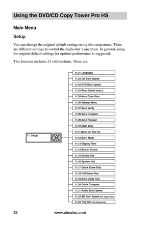 Page 44www.aleratec.com38
Using the DVD/CD Copy Tower Pro HS
Main Menu
Setup
You can change the original default settings using this setup menu. There 
are different settings to control the duplicator’s operation. In general, using 
the original default settings for optimal performance is suggested.
This function includes 23 subfunctions. These are:
11.01 Language
11.02 CD Burn Speed\3
11.03 D\fD Burn Speed\3
11.04 Read Speed (\bax\3.)
11.05  Auto Drive Start
11.06 Startup Menu
11.07  Auto \f erify
11.08  Auto...