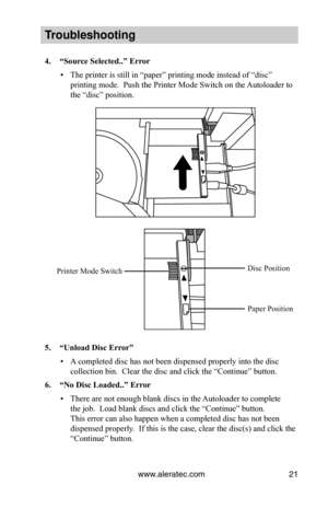 Page 27www.aleratec.com21
Trouble\fhooting
4.	 “Source	Selected..”	Error
 ▪The printer is still in “paper” printing mode instead of “disc” 
printing mode.  Push the Printer Mode Switch on the Autoloader to 
the “disc” position. 
 
 
 
 
 
 
 
 
 
 
 
 
 
 
 
 
 
 
 
 
 
 
 
5.	 “Unload	Disc	Error”
 ▪A completed disc has not been dispensed properly into the disc 
collection bin.  Clear the disc and click the “Continue” button.
6.	 “No	Disc	Loaded..”	Error	
 ▪There are not enough blank discs in the Autoloader to...