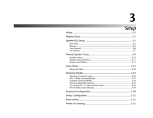 Page 273
Setup
Setup ......................................................................................... 3-2
Display Setup ............................................................................. 3-3
Speaker/EQ Setup ...................................................................... 3-5
Rear Amp .................................................................................................. 3-6
Manual...