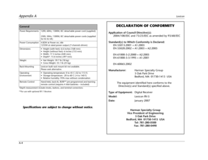 Page 90Appendix ALexicon
A-4
*Depth measurement includes knobs, buttons, and terminal connections.
**For use with optional RF-1 Receiver.
Specifications are subject to change without notice.
General
Power Requirements 120V, 60Hz, 1300W, IEC detachable power cord (supplied) 
230V, 50Hz, 1300W, IEC detachable power cords (supplied 
for EU & UK) 
Power Consumption 4.82W at Power on, idle
1235W at rated power output (7-channels driven)
Dimensions  feet): 6.6 inches (168 mm)



Weight 

Rack-Mounting Lexicon built...