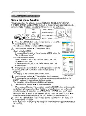 Page 23
22
Multifunctional settings
Multifunctional settings
Using the menu function
This projector has the following menus: PICTURE, IMAGE, INPUT, SETUP, 
SCREEN, OPTION and EASY MENU. Each of these menus is operated using the 
same methods. The basic operations of these menus are as follows.
1. Press the MENU button on the remote control or one of the 
cursor buttons on the projector.
   
The advanced MENU or EASY MENU will appear
. 
2. Use the cursor buttons ▲/▼ to select a menu.
 At the EASY MENU 
If you...