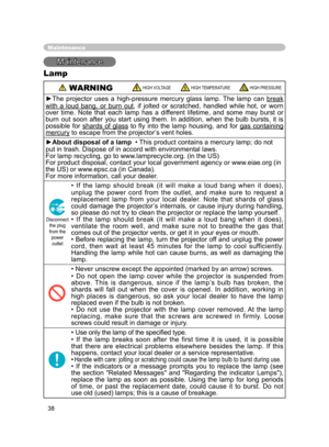 Page 39
38

Maintenance
Maintenance
Lamp
 WARNING HIGH VOLTAGE HIGH TEMPERATURE HIGH PRESSURE
►The  projector  uses  a  high-pressure  mercury  glass  lamp.  The  lamp  can break 
with  a  loud  bang,  or  burn  out,  if  jolted  or  scratched,  handled  while  hot,  or  worn 
over  time.  Note  that  each  lamp  has  a  different  lifetime,  and  some  may  burst  or 
burn  out  soon  after  you  start  using  them.  In  addition,  when  the  bulb  bursts,  it  is 
possible  for  shards  of  glass  to  ﬂy...