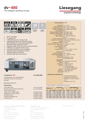 Page 2Liesegang
projection technology
Liesegang Optoelectronics GmbH
Vogelsanger Weg 91
D-40470 Duesseldorf
Germany
phone +49 (0) 211/3901-1
fax +49 (0) 211/3901-227
www.liesegang.com
info@liesegang.comLiesegang Corp.
1001 W. Cypress Creek Rd. 103
Ft. Lauderdale, FL33309
USA
phone (954) 489 23 01
fax (954) 489 23 18
www.liesegangcorp.com
info@liesegangcorp.comYours Liesegang Partner
Update on: 01/2006
Liesegang dv•480
1212 0000 0000
including power cord, connecting cable,
IR-remote control, user manual and...