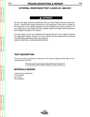 Page 103F-50TROUBLESHOOTING & REPAIRF-50
NA-5
TEST DESCRIPTION
This test will help the technician to determine if the external voltage \
sensing leads are con-
nected properly and intact.
MATERIALS NEEDED
Volt-Ohmmeter (Multimeter)
5/16 Nutdriver
3/4 wrench
Wiring diagram
EXTERNAL RESISTANCE TEST (LEADS #21 AND #67)
Service and repair should be performed only by Lincoln Electric factory trained per-
sonnel. Unauthorized repairs performed on this equipment could result in danger to
the technician or the machine...