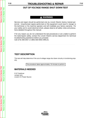 Page 105F-52TROUBLESHOOTING & REPAIRF-52
NA-5
TEST DESCRIPTION
This test will help determine if the out-of-voltage range shut down circ\
uitry is functioning prop-
erly.
MATERIALS NEEDED
5/16 Nutdriver
Jumper wire
Lincoln CV Power Source
OUT OF VOLTAGE RANGE SHUT DOWN TEST
Service and repair should be performed only by Lincoln Electric factory trained per-
sonnel. Unauthorized repairs performed on this equipment could result in danger to
the technician or the machine operator and will invalidate your factory...