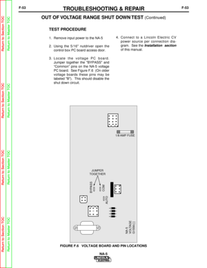 Page 106F-53TROUBLESHOOTING & REPAIRF-53
TEST PROCEDURE
1.  Remove input power to the NA-5
2.  Using the 5/16 nutdriver open thecontrol box PC board access door.
3.  Locate the voltage PC board. Jumper together the BYPASS and
“Common” pins on the NA-5 voltage
PC board.  See Figure F.6  (On older
voltage boards these pins may be
labeled B).  This should disable the
shut down circuit. 4.  Connect to a Lincoln Electric CV
power source per connection dia-
gram.  See the 
Installation  section
of this manual.
OUT OF...