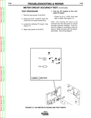 Page 118F-65TROUBLESHOOTING & REPAIRF-65
TEST PROCEDURE
1.  Remove input power to the NA-5.
2.  Using the 5/16 nutdriver open thecontrol box PC board access door.
3.  Locate the voltmeter PC board.  See Figure F.9
4.  Apply input power to the NA-5. 5.  
Test for AC supply to the volt-
meter PC board .
• Check for 8 to 11VAC from lead #601 to #602. See Figure F.9
Note: The coating will have to be
removed from the test points to ensure
accurate voltmeter readings.  If the cor-
rect AC voltage is not present check...