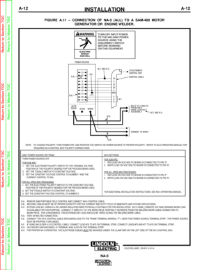 Page 19INSTALLATIONA-12A-12
NA-5
FIGURE A.11 – CONNECTION OF NA-5 (ALL) TO A SAM-400 MOTORGENERATOR OR ENGINE WELDER. 
NOTE:	 TO CHANGE POLARITY, TURN POWER OFF, AND POSITION THE SWITCH ON POWER SOU\
RCE TO PROPER POLARITY.  REFER TO NA-5 OPERATING MANUAL FOR
	  REQUIRED NA-5 CONTROL BOX POLARITY CONNECTIONS.

N.A.	 REMOVE SAM PORTABLE FIELD CONTROL AND CONNECT NA-5 CONTROL CABLE.
N.B.	 WELDING CABLES MUST BE OF PROPER CAPACITY FOR THE CURRENT AND DUTY CYCLE\
 OF IMMEDIATE AND FUTURE APPLICATIONS.
N.C....