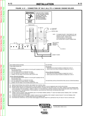 Page 20INSTALLATIONA-13A-13
NA-5
FIGURE A.12 – CONNECTION OF NA-5 (ALL) TO A SAM-650 ENGINE WELDER. 
NOTE:	 TO CHANGE POLARITY, TURN POWER OFF, AND
	 POSITION THE SWITCH ON POWER SOURCE TO 
	 PROPER POLARITY.  REFER TO NA-5 
	 OPERATING MANUAL FOR REQUIRED 
	 NA-5 CONTROL BOX  POLARITY CONNECTIONS.

FOR ADDITIONAL INSTALLATION INSTRUCTIONS, SEE NA-5 OPERATING MANUAL.
SAM  POWER SOURCE SETTINGS

FOR SUB ARC:
1.	 SET THE ELECTRODE POLARITY SWITCH TO THE POLARITY DESIRED FOR THE
	  PROCESS BEING USED....