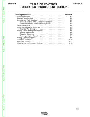 Page 24TABLE OF CONTENTS
- OPERATING  INSTRUCTIONS SECTION - 
NA-5
Operating Instructions  . . . . . . . . . . . . . . . . . . . . . . . . . . . . . . . . . . . .\
 Section B
Safety Precautions  . . . . . . . . . . . . . . . . . . . . . . . . . . . . . . . . . . . .\
 . B-2
Operator’s Instructions  . . . . . . . . . . . . . . . . . . . . . . . . . . . . . . . . . . B-2
Controls and Their Functions  . . . . . . . . . . . . . . . . . . . . . . . . . . . . . B-3 Exposed Controls (With Lockable Cover Down) . . . ....