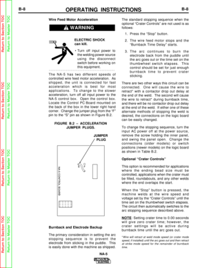 Page 31OPERATING INSTRUCTIONSB-8B-8
Wire Feed Motor AccelerationELECTRIC SHOCKcan kill.
• Turn off input power to the welding power source
using the disconnect
switch before working on
this equipment.
The NA-5 has two different speeds of
controlled wire feed motor acceleration.  As
shipped, the unit is connected for fast
acceleration which is best for most
applications.  To change to the slower
acceleration, turn off all input power to the
NA-5 control box.  Open the control box.
Locate the Control PC Board...