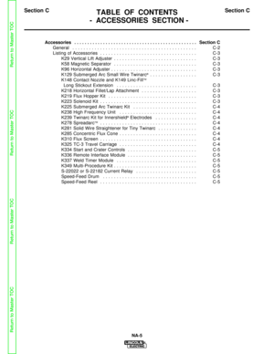 Page 36TABLE OF CONTENTS
- ACCESSORIES SECTION - 
NA-5
Accessories  . . . . . . . . . . . . . . . . . . . . . . . . . . . . . . . . . . . .\
 . . . . . . . . . . . Section C
General  . . . . . . . . . . . . . . . . . . . . . . . . . . . . . . . . . . . .\
 . . . . . . . . . C-2
Listing of Accessories  . . . . . . . . . . . . . . . . . . . . . . . . . . . . . . . . . . . C-3 K29 Vertical Lift Adjuster  . . . . . . . . . . . . . . . . . . . . . . . . . . . . . . C-3
K58 Magnetic Separator  . . . . . . . . . . . ....