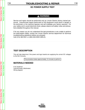 Page 91NA-5F-38
TROUBLESHOOTING & REPAIRF-38
TEST DESCRIPTION
This will help determine if the power and logic boards are supplying the\
 correct DC voltages
to the NA-5 circuitry.
MATERIALS NEEDED
5/16 Nutdriver
Volt/Ohmmeter (Multimeter)
Wiring diagram
DC POWER SUPPLY TEST 
Service and repair should be performed only by Lincoln Electric factory trained per-
sonnel. Unauthorized repairs performed on this equipment could result in danger to
the technician or the machine operator and will invalidate your factory...