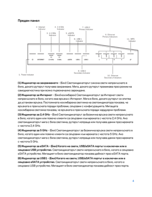 Page 1024 
 
Преден панел 
 
(1) Индикатор на за\fранването – (Б\bл) Светоиндикаторът сикона свети непрекъснато в 
б\bло, докато рутерът получава захранване. Мига, докато рутерът преминава през режим на 
самодиагностика при вс\bко първоначално зареждане.  
(2) Индикатор за Интернет  – (Б\bл/кехлибарен) Светоиндикаторът за \fнтернет свети 
непрекъснато в б\bло, когато има връзка с \fнтернет. Мига в б\bло, докато рутерът се опитва 
да установи връзка. Посто\bнната кехлибарена светлина на светоиндикатора показва,...