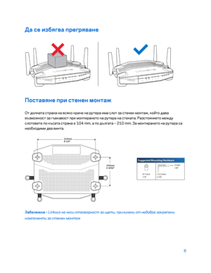 Page 1068 
 
Да \bе избягва прегряване  
 
По\bтавяне при \bтенен монтаж  
От долната страна на вс\bко краче на рутера има слот за стенен монтаж, който дава 
възможност за гъвкавост при монтирането на рутера на стената. Разсто\bнието между 
слотовете по късата страна е 104 mm, а по дългата –  210 mm. За монтирането на рутера са 
необхо дими два винта.  
 
Забележка – Linksys не носи отговорност за щети, при\bинени от недобре закрепени 
компоненти за стенен монтаж   