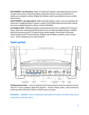 Page 1305 
 
(9) ETHERNET 1  až  4 (primární)  – (Bílá) Tyto očíslované indikátory odpovídají číslovaným portům 
na zadní straně routeru. Pokud bílý indikátor nepřerušovaně svítí, router je prostř ednictvím 
daného portu připojený k zařízení. Blikající bílý indikátor značí, že prostřednictvím portu probíhá 
síťová činnost.  
(10) ETHERNET 1  až 4 (sekundární)  – (Bílá)  Pokud bílý indikátor nesvítí, router je prostřednictvím 
tohoto portu  úspěšně připojený k  zařízení rychlostí 10/100 Mb/s Nepřerušované světlo...