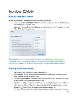 Page 13510 
 
Instalace: Základy  
Kde získáte další pomoc   
Kromě této uživatelské příručky najdete nápověd u na těchto místech: 
•  
Linksys.com/support/WRT3200ACM (dokumentace, soubory ke stažení, časté dotazy, 
technická podpora, živý chat, fóra)  
•  
Nápověda k Linksys Smart Wi -Fi (připojte se k Linksys Smart Wi- Fi, klepněte na Help 
(Nápověda) nahoře na obrazovce)  
 
Poznámka: Licence a informace pro software třetích stran použitý v tomto produktu jsou k 
dispozici na stránce...