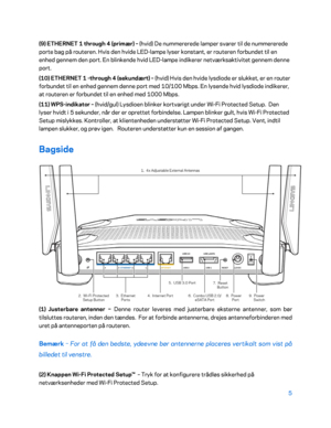 Page 1555 
 
(9) ETHERNET 1  through  4 (primær)  – (hvid) De nummererede lamper svarer til de nummererede 
porte bag på ro uteren. Hvis den hvide LED -lampe lyser konstant, er routeren forbundet til en 
enhed gennem den port. En blinkende hvid LED -lampe indikerer netværksaktivitet gennem denne 
port.  
(10) ETHERNET 1 - through 4 (sekundært)  – (hvid) Hvis den hvide lysdiode er slukk et, er en router 
forbundet til en enhed gennem denne port med 10/100 Mbps. En lysende hvid lysdiode indikerer, 
at routeren er...