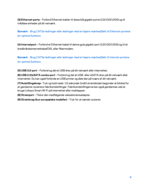 Page 1566 
(3) Ethernet
-po rt
 e –  Fo rbind Ethernet- kabler til disse blå gigabit -porte (10/100/1000) og til 
trådløse enheder på dit netværk.  
Bemærk  – 
Brug CAT5e -ledninger eller ledninger med en højere mærkeeffekt til Ethernet -portene 
for optimal funktion.  
(4) Internetport  – Forbind et Ethernet -kabel til denne gule gigabit -port (10/100/1000) og til et 
bredbråndsinternetkabel/DSL eller fibermodem.  
Bemærk  – 
Brug CAT5e -ledninger eller ledninger med en højere mærkeeffekt til Internet -portene...