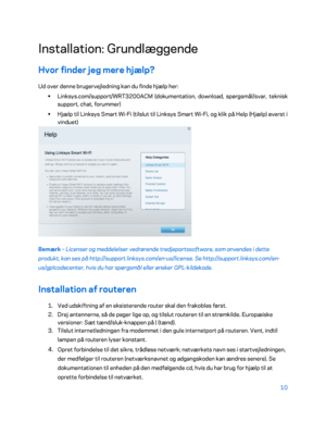 Page 16010 
 
Installation: Grundlæggende  
Hvor finder jeg mere hjælp?  
Ud over denne brugervejledning kan du finde hjælp her:  
•  
Linksys.com/support/WRT3200ACM (dokumentation, download, spørgsmål/svar, teknisk 
support, chat, forummer)  
•  
Hjælp til Linksys Smart Wi -Fi (tilslut til Linksys Smart Wi- Fi, og klik på Help (Hjælp) øverst i 
vinduet)  
 
Bemærk  – Licenser og meddelelser vedrørende tredjepartssoftware, som anvendes i dette 
produkt, kan ses på http://support.linksys.com/en- us/license. Se...