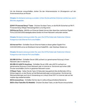 Page 1816 
Um die Antennen anzuschließen, drehen Sie den Antennenstecker im Uhrzeigersinn auf den 
A
nt

ennenanschluss am Router.  
Hinweis:  Um die beste Leistung zu erzielen, richten Sie die seitlichen Antennen vertikal aus, wie im 
Bild lin ks abgebildet.  
(2) Wi -Fi Protected Setup™ -Taste  – Drücken Sie diese Taste, um die WLAN- Sicherheit auf Wi-Fi 
Protected Setup -fähigen Netzwerkgeräten zu konfigurieren.  
(3) Ethernet -Ports  – Mithilfe von Ethernet -Kabeln können über diese blau markierten Gigabi...