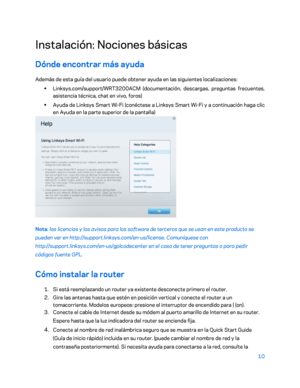 Page 23510 
 
Instalación: Nociones básicas  
Dónde encontrar más ayuda 
Además de esta guía del usuario puede obtener ayuda en las siguientes localizaciones:  
•  
Linksys.com/support/WRT3200ACM (documentación, descargas, preguntas frecuentes, 
asistencia técnica, chat en vivo, foros)  
•  
Ayuda de Linksys Smart Wi -Fi (conéctese a Linksys Smart Wi -Fi  y a continuación haga clic 
en Ayuda en la parte superior de la pantalla)  
 
Nota: las licencias y los avisos para los software de terceros que se usan en...