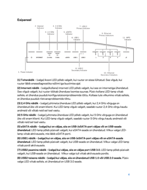 Page 2544 
 
Esipaneel  
 
(1) Toitenäidik – (valge) i kooni LED põleb valgelt, kui ruuter on sisse lülitatud. See vilgub, kui 
ruuter läbib enesediagnostika režiimi iga buutimise ajal.  
(2) Interneti näidik  – (valge/kollane) interneti LED põleb valgelt, kui see on internetiga ühendatud. 
See vilgub valgelt, kui ruuter töötab ühenduse loomise suunas. Püsiv kollane LED -lamp viitab 
sellele, et ühendus puudub konfiguratsiooniprobleemide tõttu. Kollase tule vilkumine viitab sellele, 
et ühendus puudub...