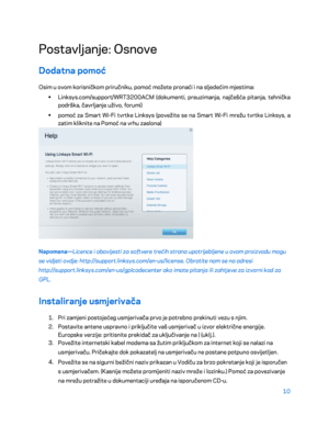 Page 33510 
 
Postavljanje: Osnove 
Dodatna pomoć  
Osim u ovom korisničkom priručniku, pomo ć možete pronaći i na sljedećim mjestima: 
•  
Linksys.com/support/WRT3200ACM (dokumenti, preuzimanja, najčešća pitanja, tehnička 
podrška, čavrljanje uživo, forumi)  
•  
pomoć za Smart Wi -Fi tvrtke Linksys (povežite se na Smart Wi -Fi mrežu tvrtke Linksys, a 
zatim kl iknite na Pomoć na vrhu zaslona)  
 
Napomena—Licence i obavijesti za softvere trećih strana upotrijebljene u ovom proizvodu mogu 
se vidjeti ovdje:...