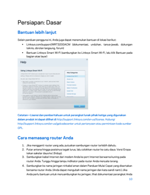 Page 38510 
 
Persiapan: Dasar  
Bantuan lebih lanjut  
Selain panduan pengguna ini, Anda juga dapat menemukan bantuan di lokasi berikut:  
•  
Linksys.com/support/WRT3200ACM (dokumentasi, unduhan, tanya -jawab, dukungan 
teknis, obrolan langsung, forum)  
•  
Bantuan Linksys Smart Wi -Fi (sambungkan ke Linksys Smart Wi -Fi, lalu klik Bantuan pada 
bagian atas layar)  
 
Catatan—Lisensi dan pemberitahuan untuk perangkat lunak pihak ketiga yang digunakan 
dalam produk ini dapat dilihat di...