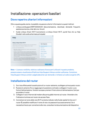 Page 41010 
 
Installazione: operazioni basilari  
Dove reperire ulteriori informazioni  
Oltre a questa guida utente, è possibile recuperare ulteriori informazioni a questi indirizzi:   
•  
Linksys.com/support/WRT3200ACM (documentazione, download, domande frequenti, 
assistenza tecnica, chat dal vivo, forum)  
•  
Guida Linksys Smart Wi -Fi (connettersi a Linksys Smart Wi -Fi, quindi fare clic su Help 
(Guida) in alto sulla schermata principale)  
 
Nota — Licenze e notifiche, relative a software di terze...