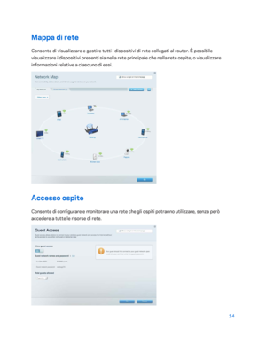 Page 41414 
 
Mappa di rete  
Consente di visualizzar e e gestire tutti i dispositivi di rete collegati al router. È possibile 
visualizzare i dispositivi presenti sia nella rete principale che nella rete ospite, o visualizzare 
informazioni relative a ciascuno di essi.  
 
Accesso ospite 
Consente di configurare  e monitorare una rete che gli ospiti potranno utilizzare, senza però 
accedere a tutte le risorse di rete.  
  