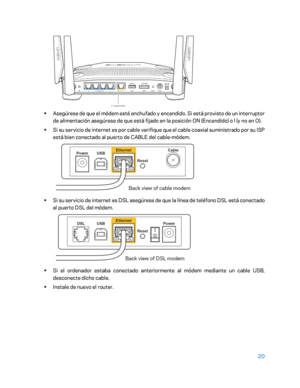 Page 4520 
 
 
•  
Asegúrese de que el módem esté enchufado y encendido. Si está provisto de un interruptor 
de alimentación asegúrese de que está fijado en la posición ON (Encendido) o l  (y no en O).  
•  
Si su servicio de internet es por cable verifique que el cable coaxial suministrado por su ISP 
está bien conectado al puerto de CABLE del cable -módem.    
 
• 
Si su servicio de internet es DSL asegúrese de que la línea de teléfono DSL está  conectado 
al puerto DSL del módem.  
 
• 
Si el ordenador...
