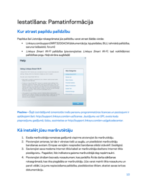 Page 46010 
 
Iestatīšana: Pamatinformācija  
Kur atrast papildu palīdzību  
Papildus šai Lietotāja rokasgrāmatai jūs palīdzību varat atrast šādās vietās:  
•  
Linksys.com/support/WRT3200ACM (dokumentācija, lejupielādes, BUJ, tehniskā palīdzība, 
saruna tiešsaistē, forumi)  
•  
Linksys Smart Wi
-Fi palīdzība (pievienojieties Linksys Smart Wi -Fi, tad noklikšķiniet 
palīdzības pogu 
Help  ekrāna augšdaļā)  
 
Piezīme—Šajā izstrādājumā izmantotās trešo personu programmatūras licences un paziņojumi ir 
aplūkojami...