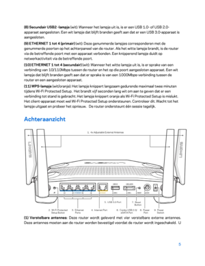 Page 4805 
 
(8) Secundair USB2 - lampje (wit): Wanneer het lampje uit is, is er een USB 1.0 - of USB 2.0 -
apparaat aangesloten. Een wit lampje dat blijft branden geeft aan dat er een USB 3.0 -apparaat is 
aangesloten.  
(9) ETHERNET 1  tot  4 (primai r) (wit): Deze genummerde lampjes corresponderen met de 
genummerde poorten op het achterpaneel van de router. Als het witte lampje brandt, is de router 
via de betreffende poort met een apparaat verbonden. Een knipperend lampje duidt op 
netwerkactiviteit via de...