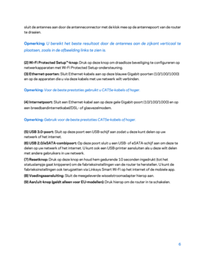 Page 4816 
sluit de antennes aan door de antenneconnector met de klok mee op de antennepoort van de router 
t
e d

raaien.  
Opmerking:  U bereikt het beste resultaat door de antennes aan de zijkant verticaal te 
plaatsen, zoals in de afbeelding links te zien is.  
(2) 
Wi-Fi Protected Setup™- knop: Druk op deze knop om draadloze beveiliging te configureren op 
netwerkapparaten met Wi -Fi Protected Setup -ondersteuning.  
(3) Ethernet -poorten:  Sluit Ethernet -kabels aan op deze blauwe Gigabit -poorten...