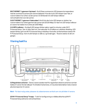 Page 5055 
 
(9) ETHERNET 1  gjennom  4 (primær)  – (hvit) Disse nummererte LED -lampene korresponderer 
med de nummererte portene på ruterens bakpanel. Hvis den hvite LED- lampen lyser fast, er 
ruteren koblet til en enhet via den porten. En blinkende hvit LED -lampe indikerer 
nettverksaktivitet over den porten.  
(10) ETHERNET 1  gjennom 4 (sekundær)  –(hvit) Hvis den hvite LED -lampen er slukket, har 
ruteren koblet til en enh et gjennom den porten på 10/100 Mbps. En fast hvit LED -lampe indikerer 
at...