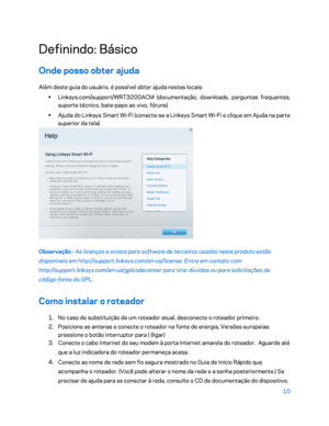 Page 58610 
 
Def inindo: Básico  
Onde posso obter ajuda  
Além deste guia do usuário, é possível obter ajuda nestes locais:  
•  
Linksys.com/support/WRT3200ACM (documentação, downloads, perguntas frequentes, 
suporte técnico, bate -papo ao vivo, fóruns)  
•  
Ajuda do Linksys Smart Wi -Fi  (conecte -se a Linksys Smart Wi -Fi e clique em Ajuda na parte 
superior da tela)  
 
Observação - As licenças e avisos para software de terceiros usadas neste produto estão 
disponíveis em http://support.linksys.com/en-...