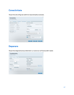Page 61817 
 
Conectivitate  
Vă permite să configuraţi setări de reţea de bază şi avansate.  
 
Depanare 
Vă permite diagnosticarea problemelor cu routerul şi verificarea stării reţelei.  
  